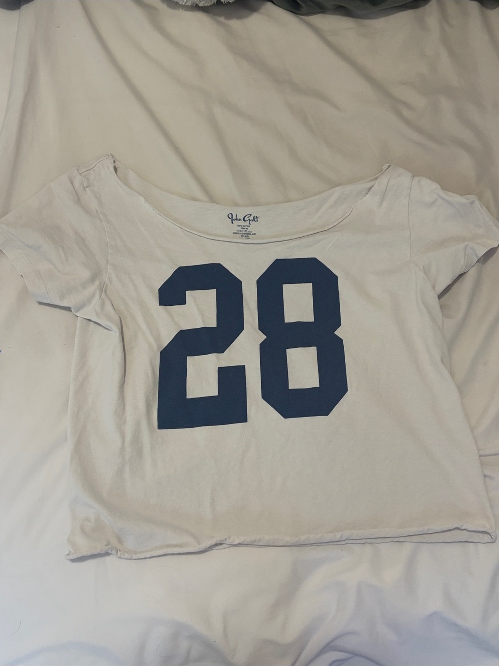 Brandy Melville White Scoop Neck Crop Top with Blue '28' Graphic